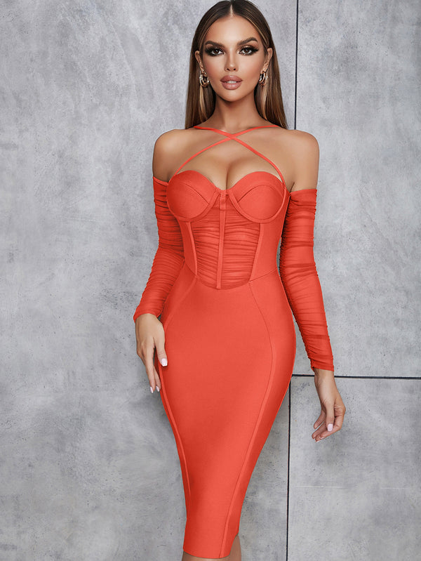 Fashion Women Strappy Long Sleeve Wrinkled Bandage Dress