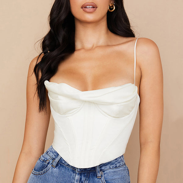 Women Sexy Draped Seam Front Satin Bustier Crop Top