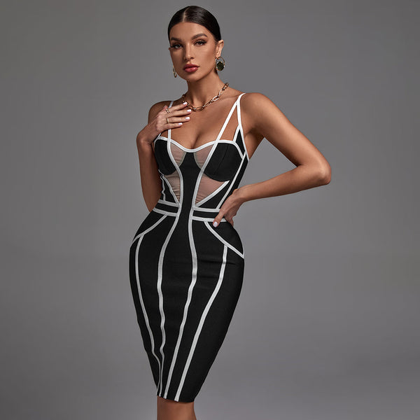 Women Strappy Sleeveless Striped Midi Bandage Dress