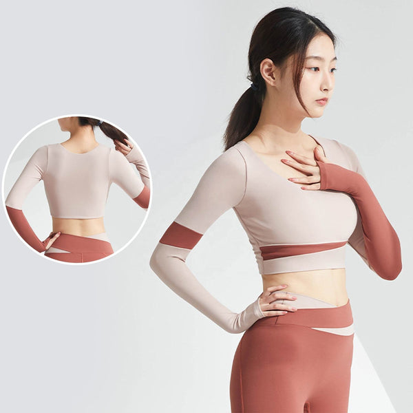 Women Yoga Bras Causal Long Sleeved Splicing Sports Crop Tops