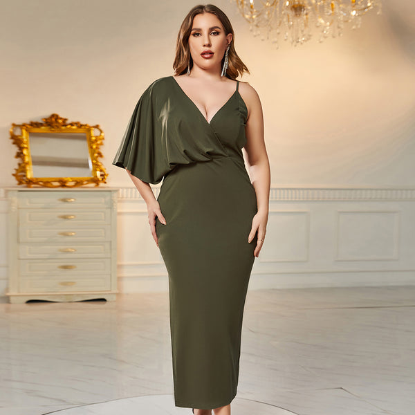 Fashion Women Plus Size V Neck Asymmetry Slit Bodycon Dress