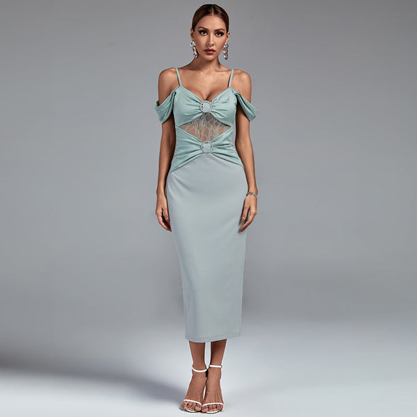 Fashion Women Strappy Buckled Lace And Satin Midi Dress