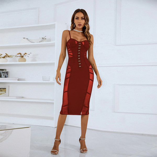 Fashion Women Strappy Sleeveless Over Knee Mesh Bandage Dress