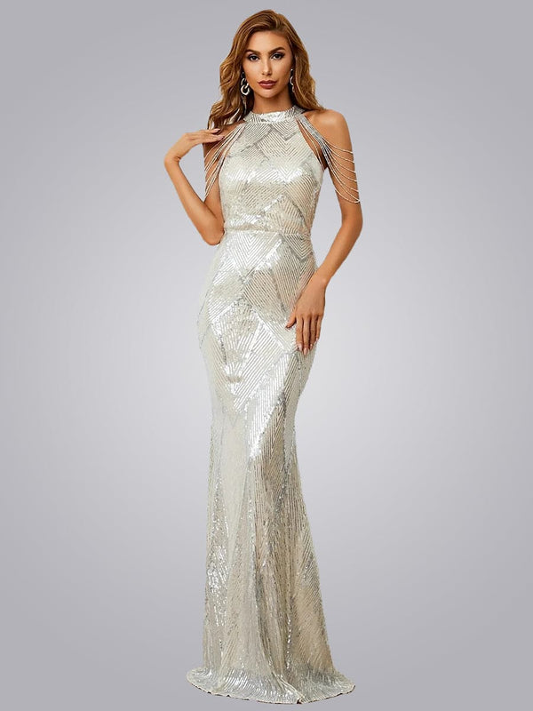 Luxury Women Sexy Halter Neck Sequin Mermaid Prom Evening Dress