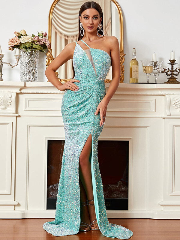 Luxury Women Sexy One Shoulder Cut Out Sequin Prom Evening Dress