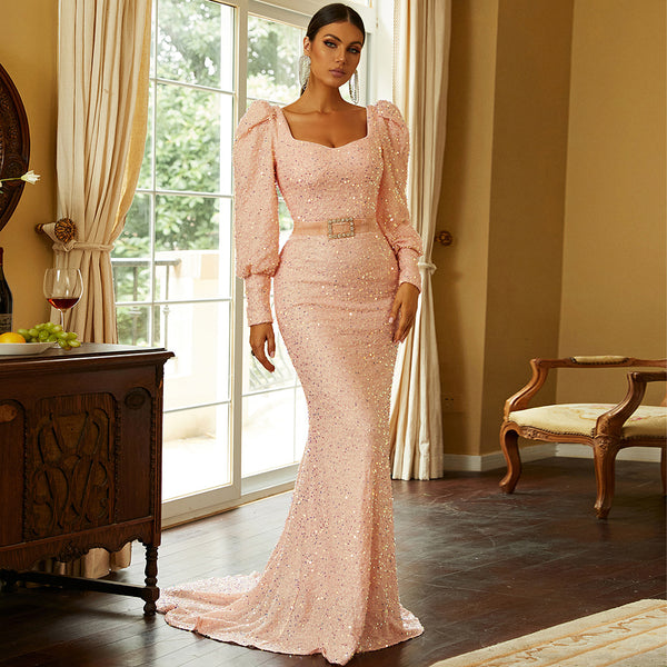 Luxury Women Sweetheart Neck Long Sleeve Sequin Fishtail Evening Dress