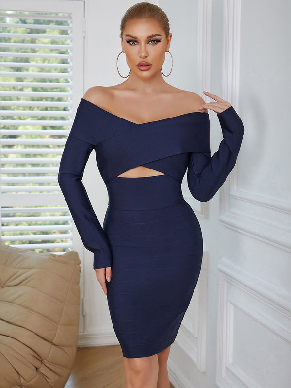 Women Off Shoulder Long Sleeve Midi Hollow Out Bandage Dress