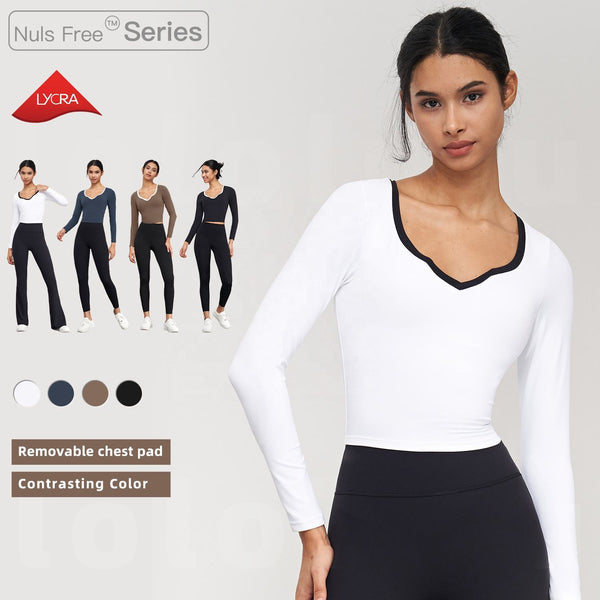 Women Sports Tight Shirts Long Sleeve V Neck Causal Crop Tops